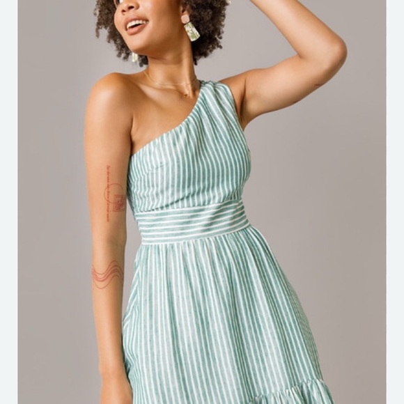 Francesca’s Sloane Striped One Shoulder Midi Dress High Low Linen Cotton Size XS - Picture 3 of 15